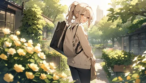 highest quality,high school girl,ponytail,carrying a bag,garden