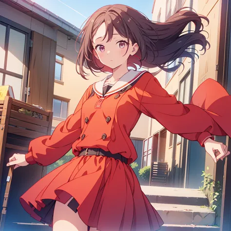 1girl,an elementary school student wearing a red dress has her hair slicked back by a strong wind、