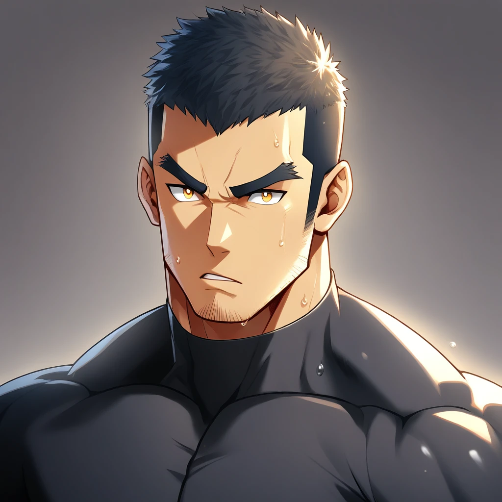 anime characters：Gyee, Muscle Sports Student, 1 muscular tough guy, Manliness, male focus, Close-up of the side, Light yellow high collar long sleeve tight T-shirt, Very tight, The clothes were soaked with sweat, The pectoral muscles are oversized, Slightly transparent, muscular male, muscular, only, Upper body, alone, Black short hair, Thick eyebrows, stubble, Yellow eyes, Grey background, simple background, amazing quality, best aesthetics, Ridiculous, bright pupils, crew cut, parted lips, v-shaped eyebrows, jitome, disdain, drop shadow, best quality