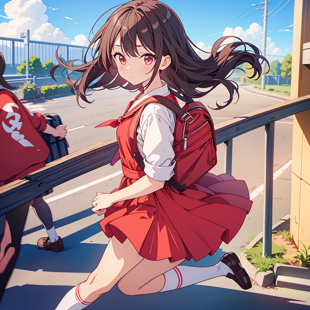 1girl,An elementary school student wearing a red dress has her hair slicked back by a strong wind、Carrying a black backpack、White knee-high socks、Brown loafers、While skipping、Sideways from the viewer&#39;s perspective、Yellow Background、Perfect Anatomy、Perfect human body、