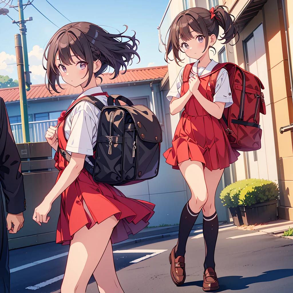 1girl,An elementary school student wearing a red dress has her hair slicked back by a strong wind、Carrying a black backpack、White knee-high socks、Brown loafers、While skipping、Sideways from the viewer&#39;s perspective、Yellow Background、Perfect Anatomy、Perfect human body、