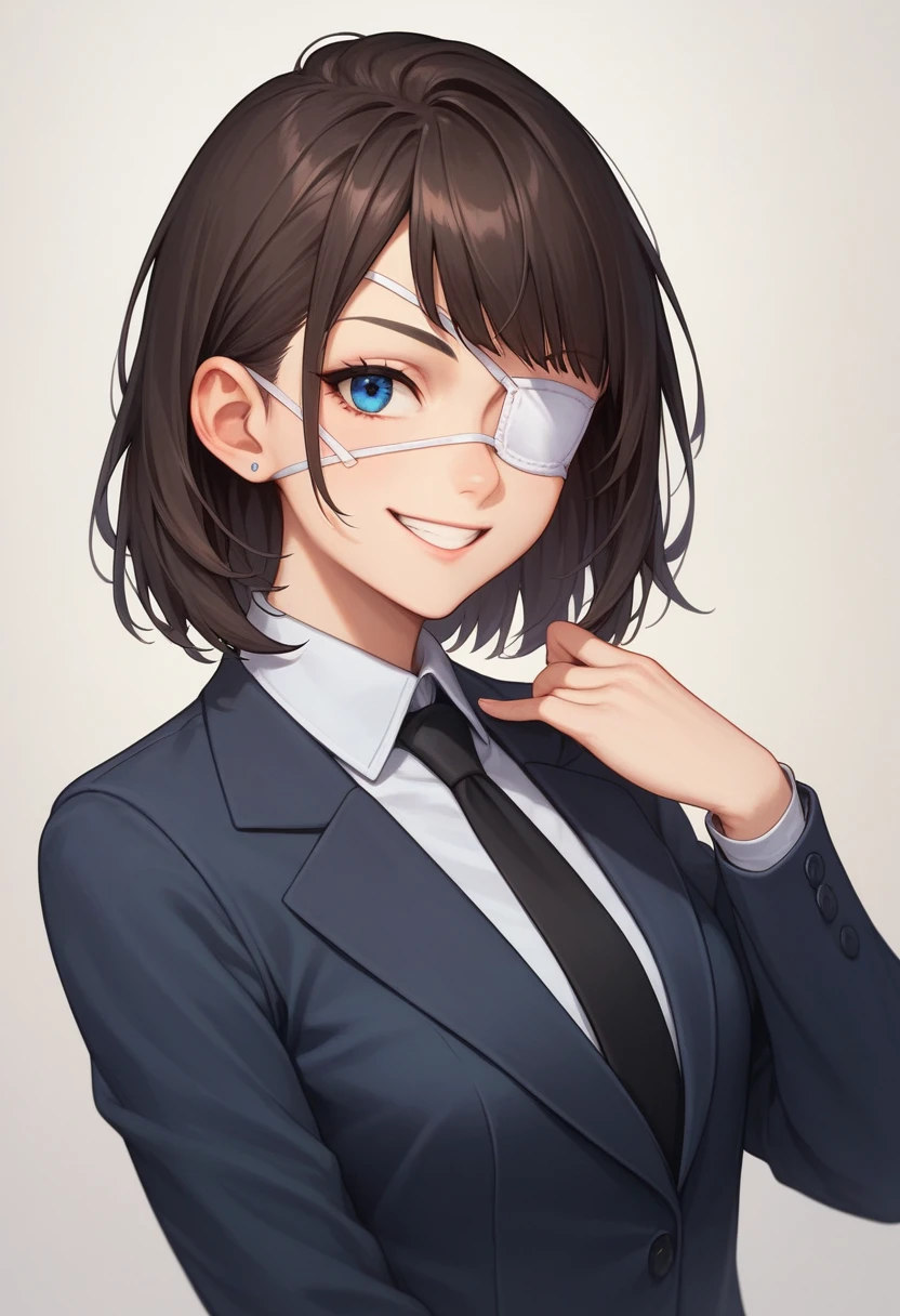 1 girl, Alone, in front of the viewer, looking at the viewer, Upper part of the body, smile, hymen, eye patch, black fur, blue eyes, medium hair,hits, black tie, Business suit, Black pants, suit&#39;s jacket, black suit,