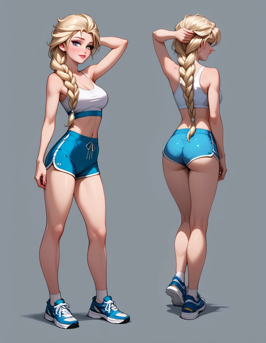 score_9, score_8_up, score_7_up, score_6_up, sketch_sheet, solo, BREAK 1girl, (Elsa, blonde, braid:1.3), dominant gorgeous girl, same character, BREAK perfect lips, tall, (Sexy gym girl), tight blue dolphin shorts, cropped white tank top, sideboob, sneakers, BREAK frontal body view, back body view, Depth, Many parts, Multiple poses and expressions, BREAK highly detailed, (ultra-detailed), (best illustration), (best shadow), (absurdres), BREAK (very aesthetic), (4k, intricate), (detailed face:1.2).