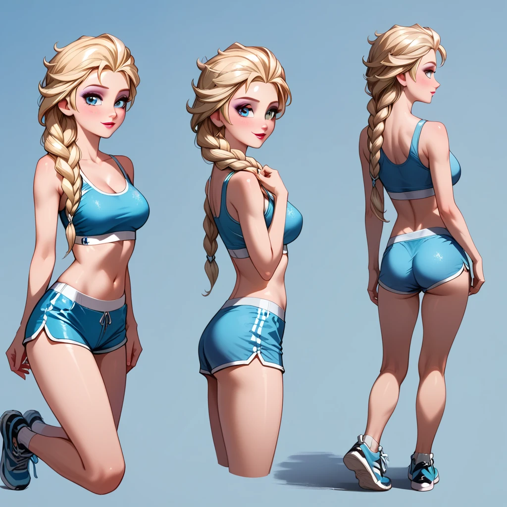 score_9, score_8_up, score_7_up, score_6_up, sketch_sheet, solo, BREAK 1girl, (Elsa, blonde, braid:1.3), dominant gorgeous girl, same character, BREAK perfect lips, tall, (Sexy gym girl), tight blue dolphin shorts, cropped white sports bra, sneakers, BREAK frontal body view, back body view, Depth, Many parts, Multiple poses and expressions, kneeling, BREAK highly detailed, (ultra-detailed), (best illustration), (best shadow), (absurdres), BREAK (very aesthetic), (4k, intricate), (detailed face:1.2), cowboy shot.