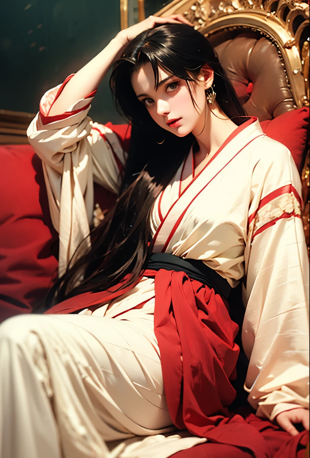 anime girl in a kimono lying on the bed with her head in her hands, a detailed painting by Yang J, trend on pixiv, Fantasy Art, Beautiful character painting, guweiz style artwork, beautiful and seductive anime woman, extremely detailed artistic germ, Hanfu blanco, realistic anime style ., loose hair and long robes, beautiful anime woman