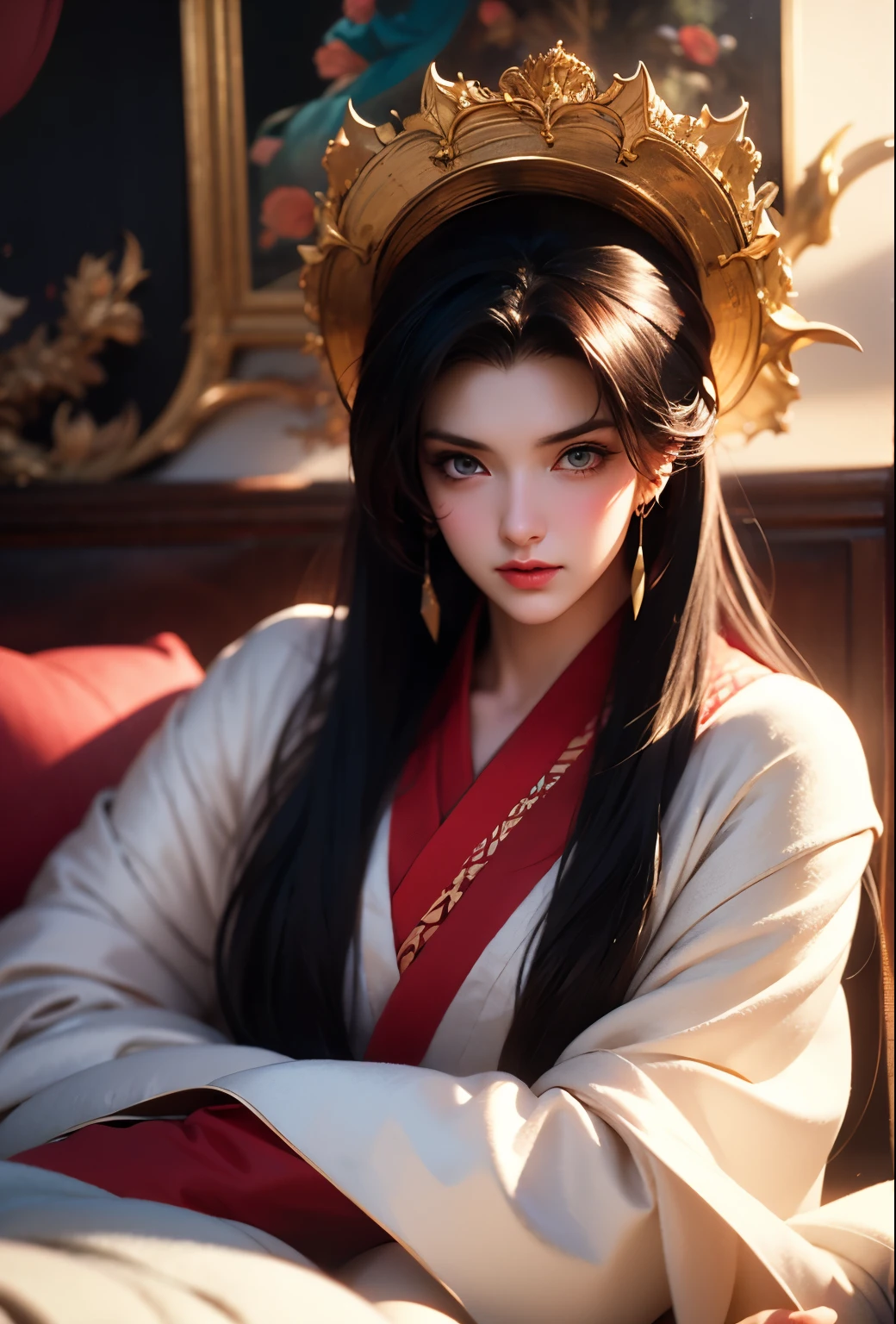 anime girl in a kimono lying on the bed with her head in her hands, a detailed painting by Yang J, trend on pixiv, Fantasy Art, Beautiful character painting, guweiz style artwork, beautiful and seductive anime woman, extremely detailed artistic germ, Hanfu blanco, realistic anime style ., loose hair and long robes, beautiful anime woman