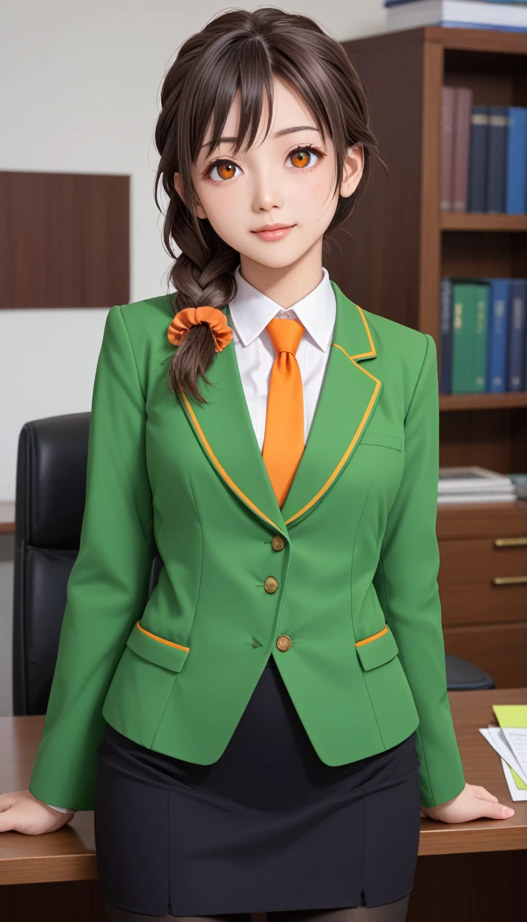 score_9, score_8_up, score_7_up, source_anime, best quality, masterpiece, office,
human, solo, sosenkawa chihiro, cosChihhi, brown hair, orange eyes, side braid, red scrunchie, green jacket, black pantyhose,  black pencil skirt, yellow necktie, three-piece suit, blazer, waistcoat, double-breasted suit jacket
