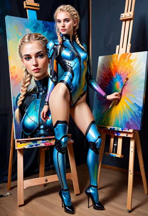 (full-length:1.1), sexy cyborg woman, self-portrait, oil paints, (french braid:1.1), (blonde hair:1.1), easel, paints, artist, s...