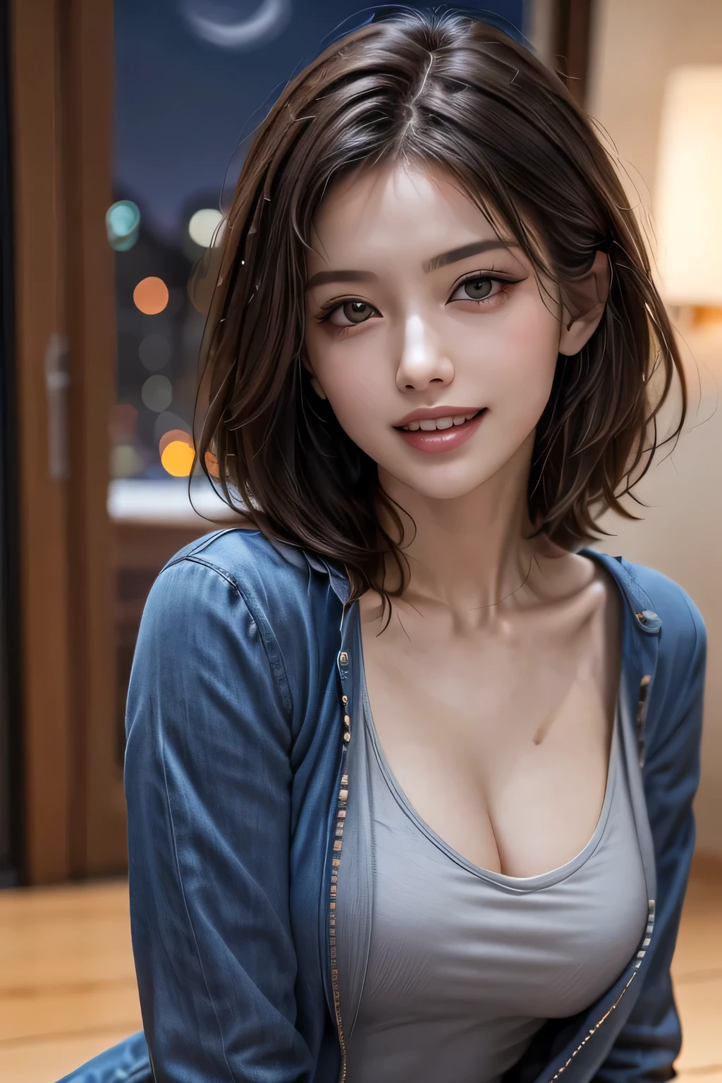 (highest quality, 8k, 32K, masterpiece), (Realistic), (Realistic:1.2), (High resolution), (night:1.7), Japan, cyber punk, 街の景Farbe, In front of the window,Wooden floor, Blue jacket, Grey Shirt, clavicle, jewelry, gem, Brunette Bob, 1 female, 45 years old, (Grin), Beautiful body, beautifulNose, beautifulcharacter design, Perfect Eyes, perfectface, Expressive eyes, View your audience, Center the image, (Cowboy Shot), Official Art, Very detailed CG Unity 8k wallpaper, Perfect lighting,Farbeful, bright_front_face_Lighting,Glowing Skin, (masterpiece:1.0),(Highest_quality:1.0), 超High resolution,4K,Very detailed, photograph, 8k, High resolution, High resolution, absurdes:1.2, Kodak Port 400, Film Grain, Blurred Background, bokeh:1.2, Lens flare, (Vibrant_Farbe:1.2) (beautiful,chest), (beautiful_face:1.5),(narrow_Waist)