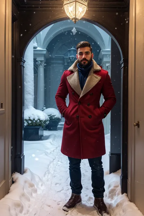 a 21-year-old young rich man with a small beard and big mustache, wearing a lush bluish pent coat and a red muffler. snow-covere...