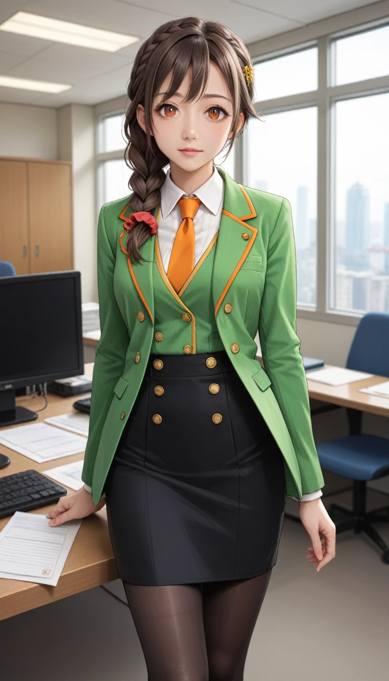 score_9, score_8_up, score_7_up, source_anime, best quality, masterpiece, office,
human, solo, sosenkawa chihiro, cosChihhi, brown hair, orange eyes, side braid, red scrunchie, green jacket, black pantyhose,  black pencil skirt, yellow necktie, three-piece suit, blazer, waistcoat, double-breasted suit jacket
