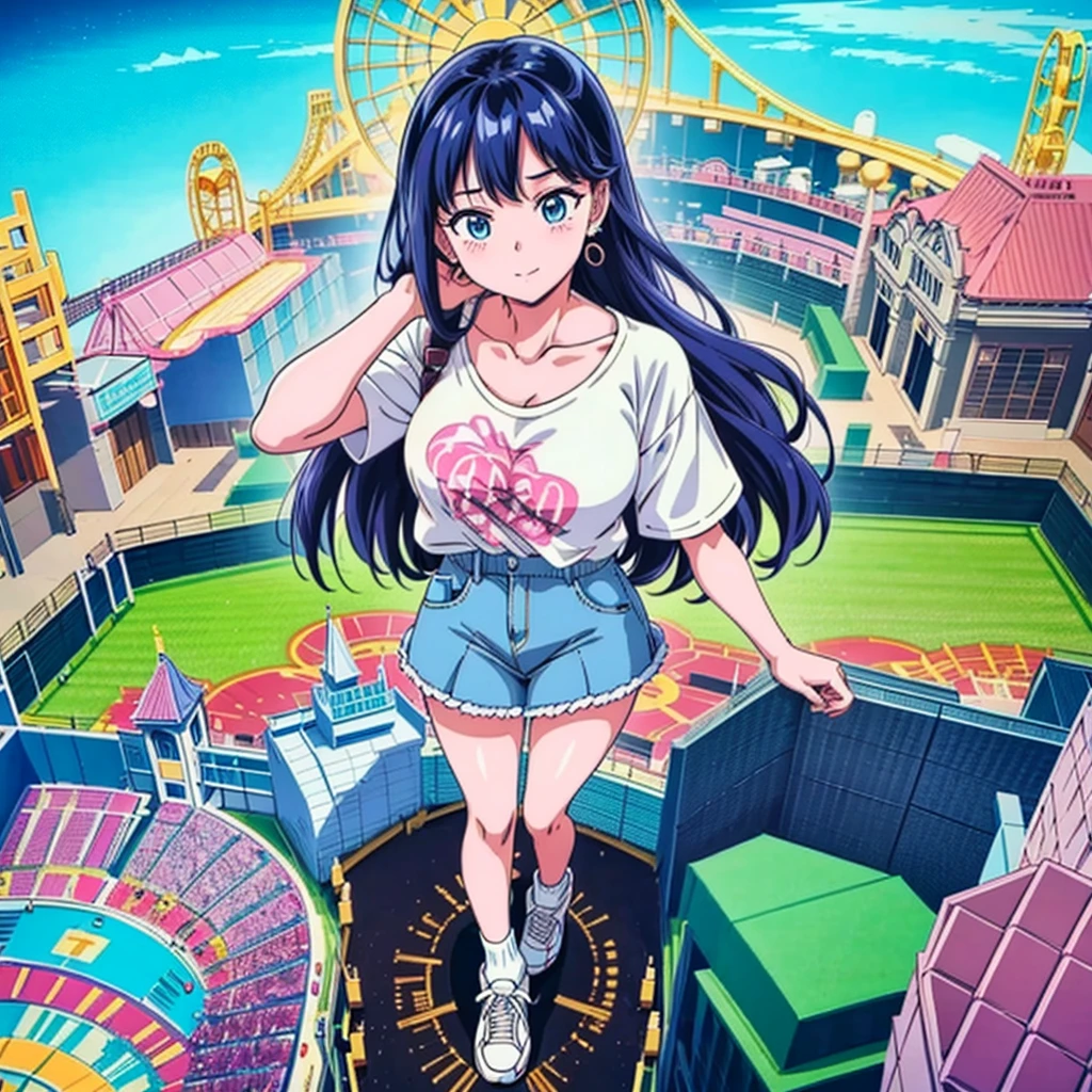 
perspective from above giantess giant girl
masterpiece unreal engine anime style delicate picture 4k 90's giant crowd amusement park giant girl standing at an amusement park ferris wheel roller coaster crowd skirt big breasts white T-shirt summer clothes short sleeves private clothes sneakers white socks wristwatch black hair smile blue sky thundercloud contrail female giant giant Girl Full Body  Crowd Unreal Engine, Cleavage, A Picture, Earrings, Long Hair, 1980s (Style) Cute Picture Beauty Analog Style Full Body Sneakers,