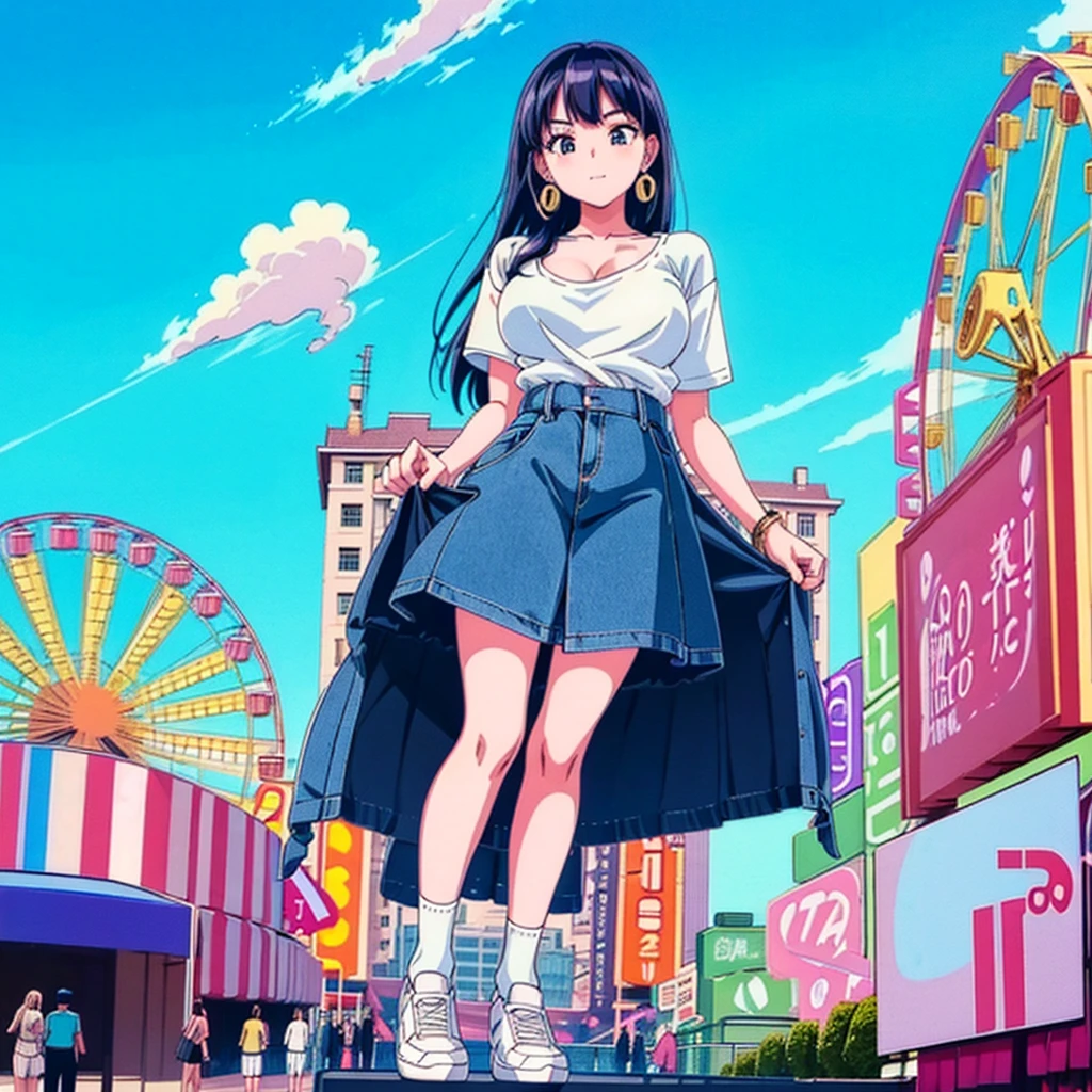 
perspective from above giantess giant girl
masterpiece unreal engine anime style delicate picture 4k 90's giant crowd amusement park giant girl standing at an amusement park ferris wheel roller coaster crowd skirt big breasts white T-shirt summer clothes short sleeves private clothes sneakers white socks wristwatch black hair smile blue sky thundercloud contrail female giant giant Girl Full Body  Crowd Unreal Engine, Cleavage, A Picture, Earrings, Long Hair, 1980s (Style) Cute Picture Beauty Analog Style Full Body Sneakers,