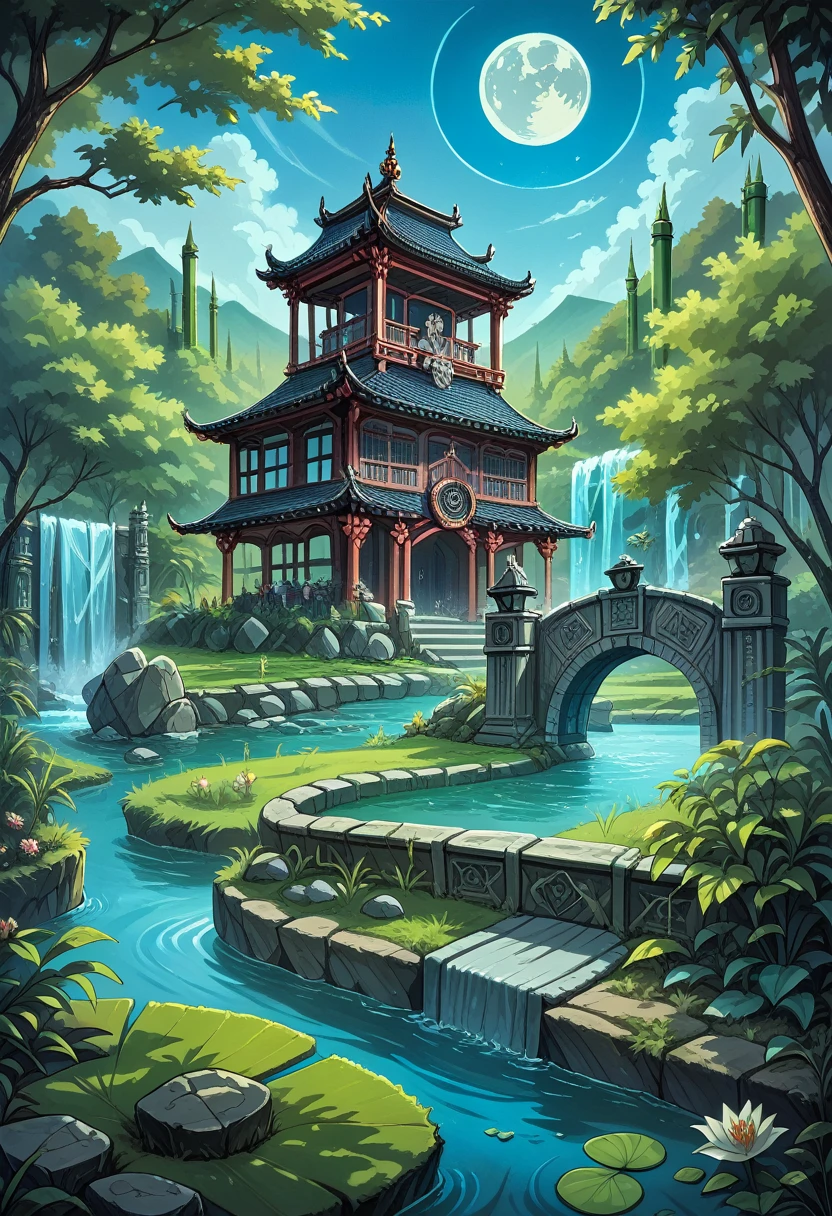 Ancient Chinese architecture, moon, midnight, garden, bamboo, lake, stone bridge, rockery, arch, corner, tree, running water, landscape, outdoor, waterfall, grass, rock, water lily, hot spring, water vapor, (Illustration: 1.0), Epic Composition, Realistic Lighting, HD Details, Masterpiece, Best Quality, (Very Detailed CG Unity 8k) --v 6