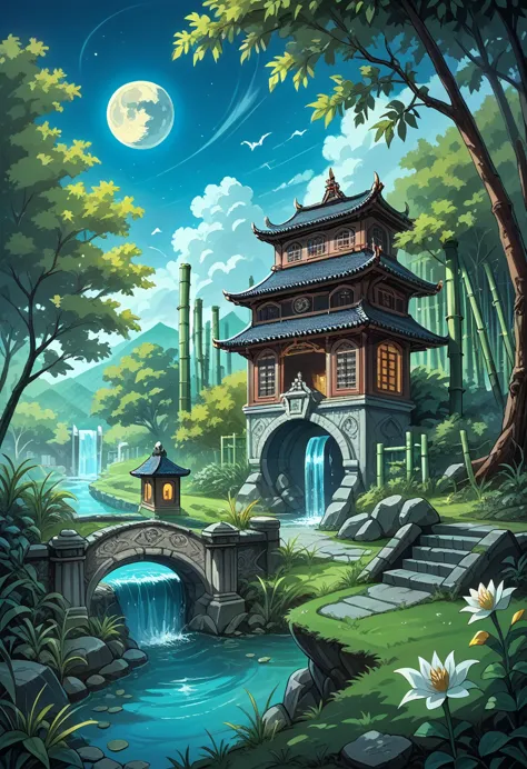 ancient chinese architecture, moon, midnight, garden, bamboo, lake, stone bridge, rockery, arch, corner, tree, running water, la...