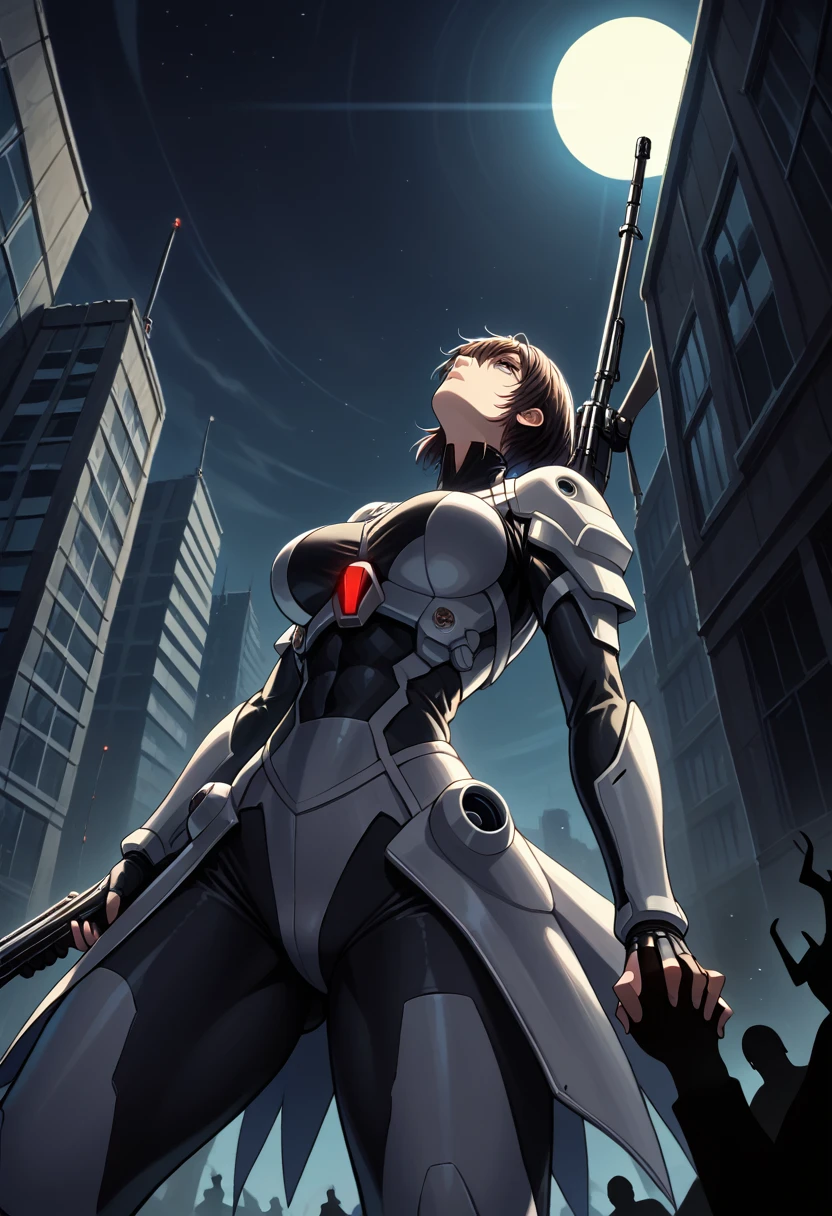 (mastrepiece:1.2,best quality,ultra detailed,powerful backlight:1.3,silhouette:1.45),, , //character, 1 solo Female  mercenary,Ghost in the Shell kusanagi motoko,One eye glowing red:1.2,Facial expression Murderous look,Looking down on the city.black lether  tight suit:1.2, hand holding an huge anti-tank rifle (Winchester Williams .50),Standing Pose,(looking up angle:1.35), , //back ground, in Rooftop of a building at night back ground:1.2,,8k,unrealengine5.unity.octanerender