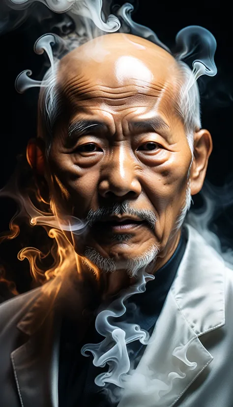 , ultra detailed ultra realistic portrait of a ghost-like form of an asian old man without bruise or mark and slightly bald surr...