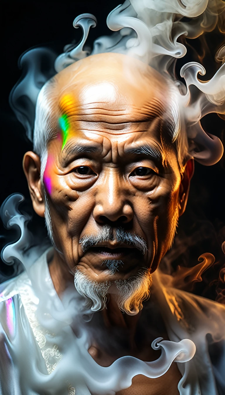 , Ultra detailed Ultra realistic portrait of a ghost-like form of an Asian old man without bruise or mark and slightly bald surrounded by steam , backlit, smoky,  work of beauty and complexity, 8kUHD,  flowy 
translucent,  work of smart and awe, steamy, backlit, alberto seveso style, close-up , iridescent glow 