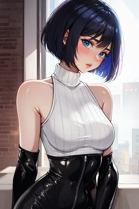 a beautiful detailed cyberpunk girl with lucy (cyberpunk), bare shoulders, blue eyes, bust, tight bodysuit, looking at the viewe...