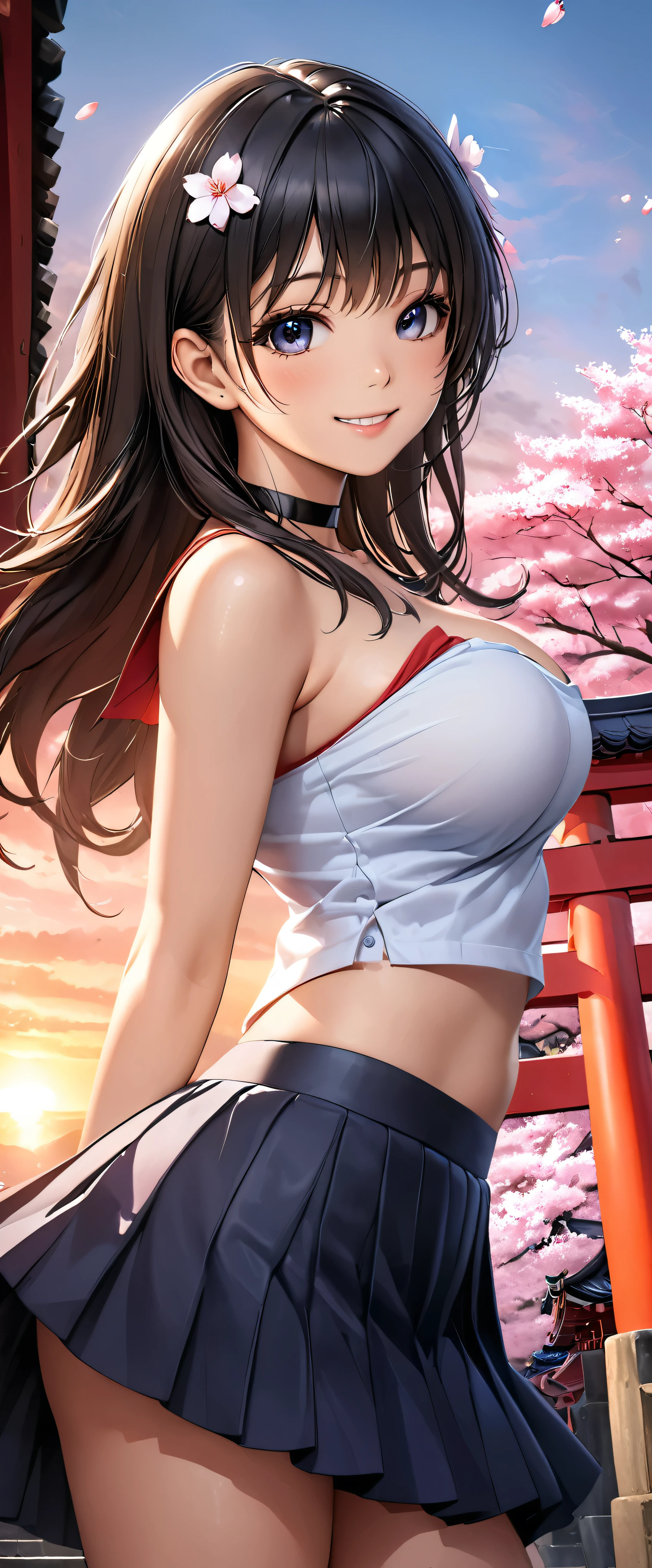 Highest quality, Ultra-high resolution, (Realistic:1.4), One person,  Black choker, smile, Exposing shoulders, Focus Only, View your viewers,Fair skin,sunset,cherry blossoms,Photon Mapping, Physically Based Rendering, RAW Photos, Highly detailed background,K-Pop Idols,Depth of written boundary,torii,cherry blossoms,hair ornaments,Detailed face,Glowing Skin,Game CG,whole body, mini skirt,Tube top,Big Breasts,Angle from directly below