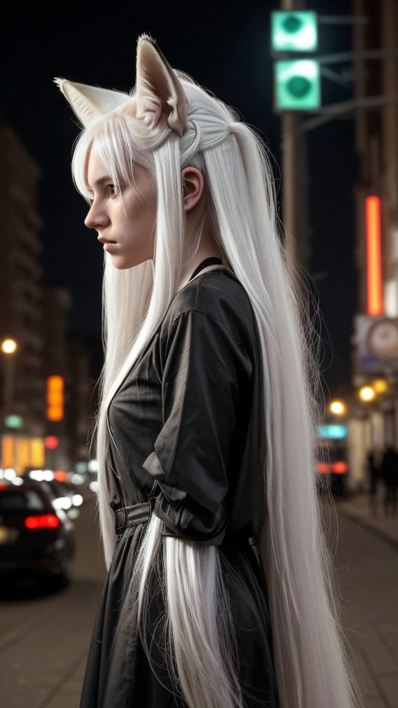 The image shows a girl with long white hair, with ears resembling those of a fox on her head. The girl appears to be standing on a city street at night, with the lights of buildings and traffic signals illuminated in the background. She is wearing modern black clothing and is seen in a side profile, looking towards the camera with a serious or contemplative expression. The colors in the image are characterized by a contrast between the warm city lights and the girl's shiny hair.