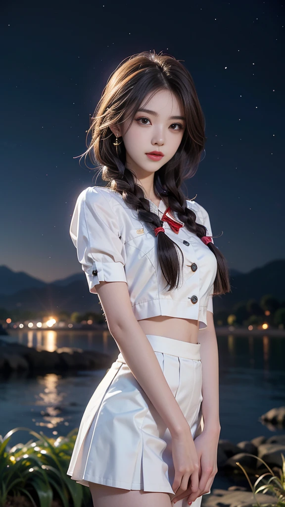 ulzzang-6500-v1.1, (RAW photo: 1.2), (Real photo), (Real photo: 1.4), 1 girl、Perfect anatomy、19 years old、Looking at the camera、Medium length hair、side braids, uniform short white skirt, in a surreal royal garden, under the starry night sky, ((starry night: 1.1))、(Business service)、Asian eyes Ella,