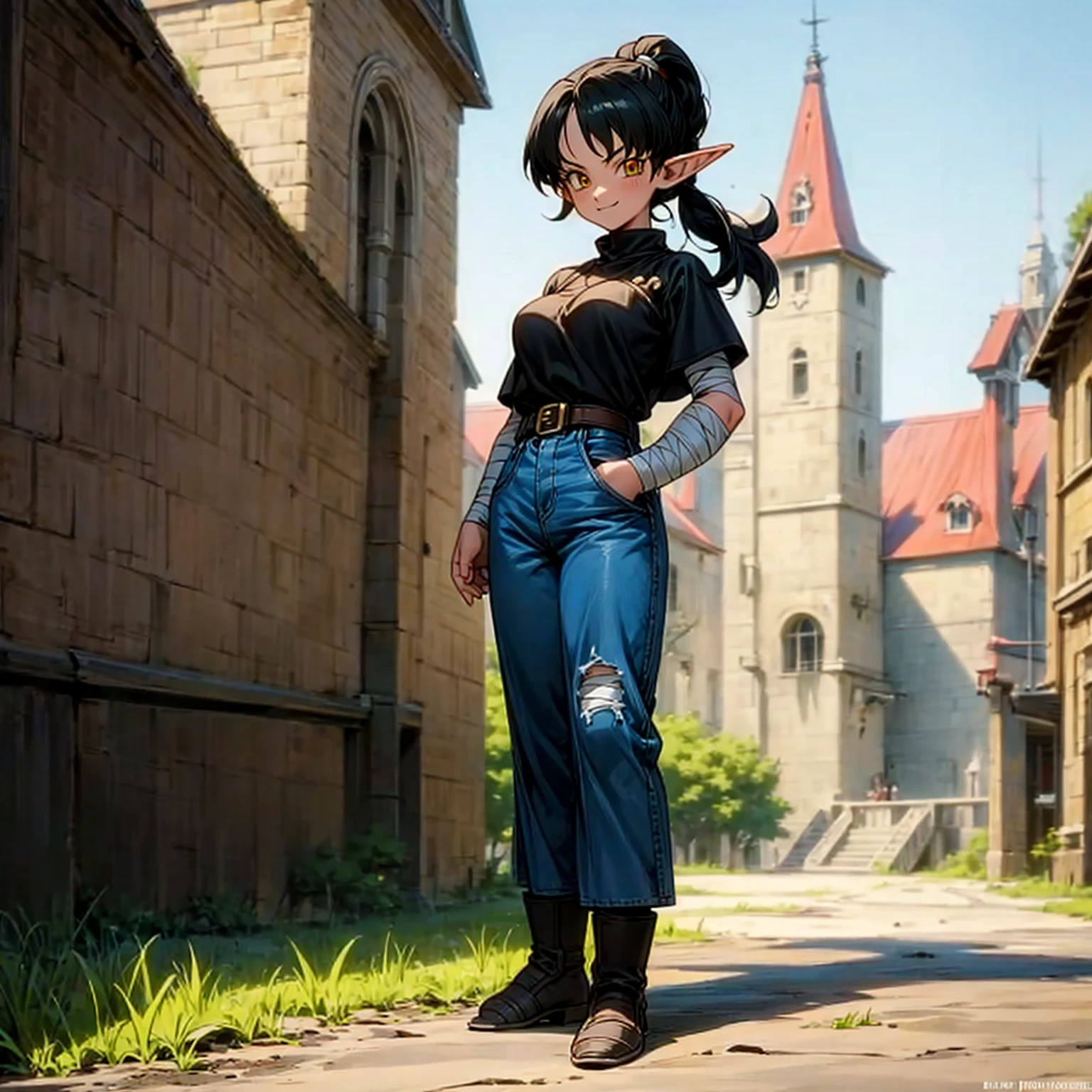 Solo character, full body version, girl, muscle, big breast, (elf), yellow eyes, black color hair, short haircut, ponytail, blue shirt, long jeans, bandage, shoes, outdoor, town, medieval, standing gesture, detailed background, detailed clothing, detailed hair, (Hunter x Hunter style art), smile mouth,