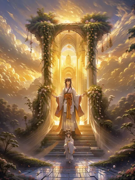 magnificent view、outdoor、high definition、holy maiden、shrine maiden、with many flowers blooming、chestnut hair（the center is silver...