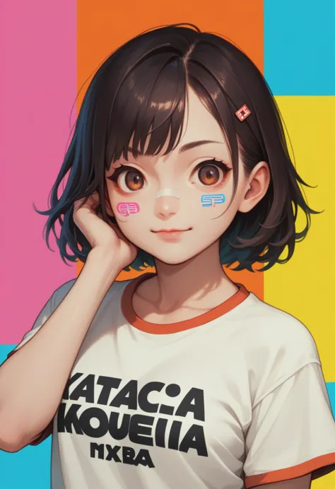 a cute anime-style girl wearing a t-shirt with the russian text "покажи маме" on it, colorful background, vibrant colors, detail...