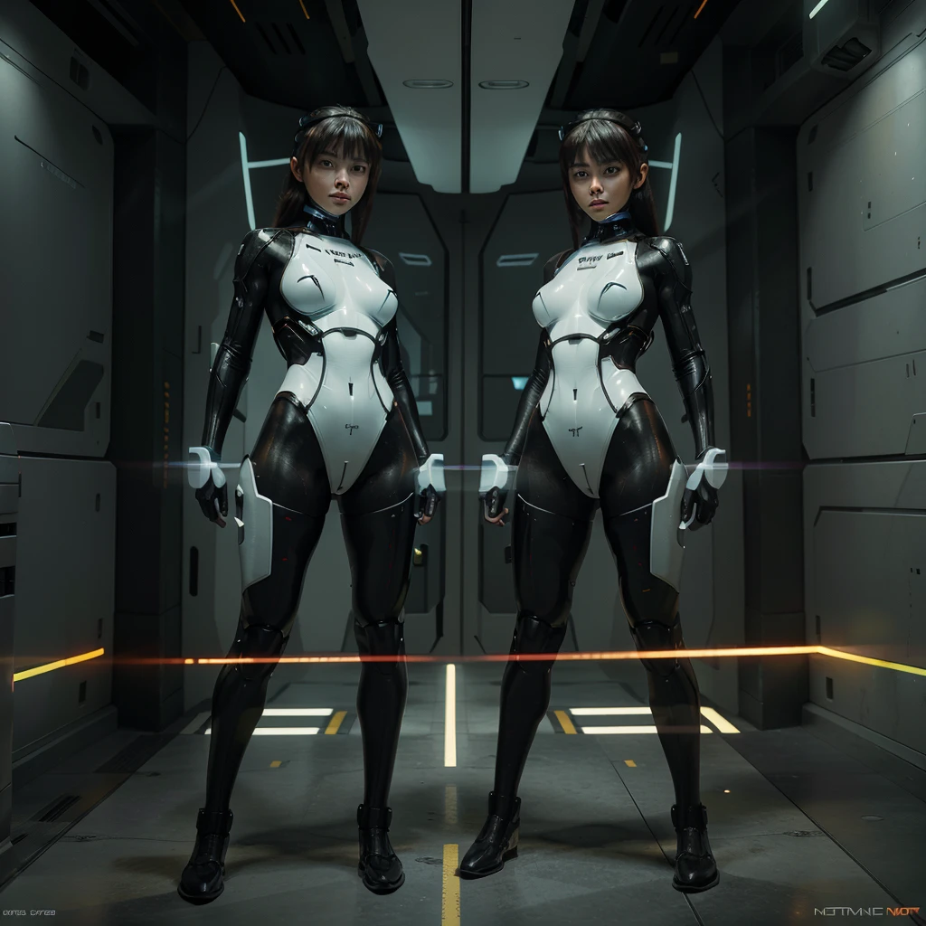 A full-body shot (full body shoot:1.5) of a lone female mecha pilot, shown from head to toe, in a sleek, form-fitting futuristic pilot suit with advanced protective gear. She stands confidently, exuding determination, with a transparent visor helmet showing her focused expression. The background features a high-tech, neon-lit cyberpunk cityscape, with vibrant lights reflecting off her suit. The scene is illuminated with cinematic lighting, emphasizing the high-tech environment and her powerful presence. The composition captures the detailed textures and intricate design of her suit in ultra-high resolution.