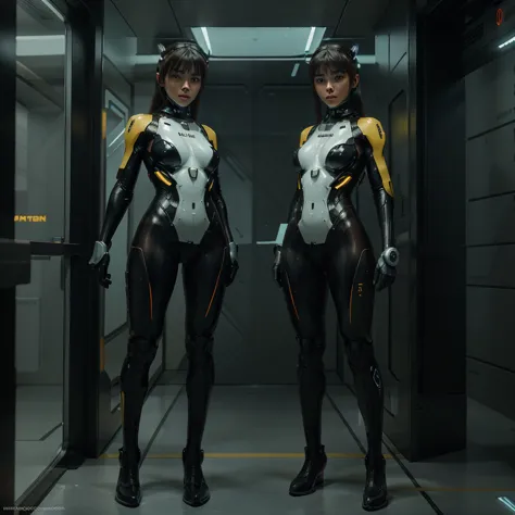 a full-body shot (full body shoot:1.5) of a lone female mecha pilot, shown from head to toe, in a sleek, form-fitting futuristic...