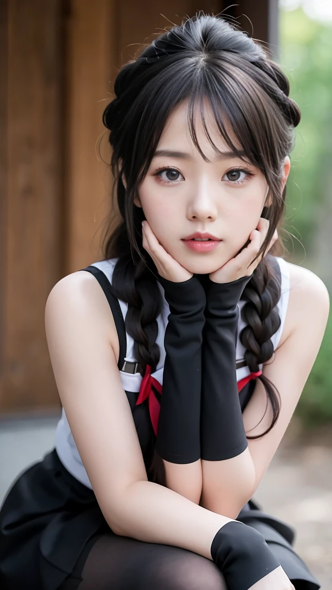 (beautiful japanese girl), (Highest quality,128k, masterpiece:1.55, photorealistic, hyperrealistic), 128k wallpaper, 
BREAK (Shot with Canon EOS 5D Mark 4 and Canon EF Lens 85mm F1.2L lens, F value 1.2, ISO 50, shutter speed 64),
 BREAK (beautifull, detailed face, detailed eyes), Ultra detailed face, Detailed lips, Detailed eyes, double eyelid,
Shigure Kai 3 KanColle Sleeveless Black fingerless gloves Black skirt Braids 8K high resolution Highly detailed eyes Highly detailed face、Highly detailed body、Highly detailed skin