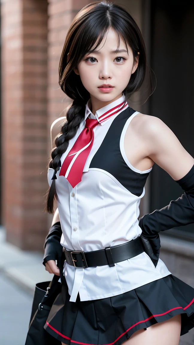 (beautiful japanese girl), (Highest quality,128k, masterpiece:1.55, photorealistic, hyperrealistic), 128k wallpaper, 
BREAK (Shot with Canon EOS 5D Mark 4 and Canon EF Lens 85mm F1.2L lens, F value 1.2, ISO 50, shutter speed 64),
 BREAK (beautifull, detailed face, detailed eyes), Ultra detailed face, Detailed lips, Detailed eyes, double eyelid,
Shigure Kai 3 KanColle Sleeveless Black fingerless gloves Black skirt Braids 8K high resolution Highly detailed eyes Highly detailed face、Highly detailed body、Highly detailed skin