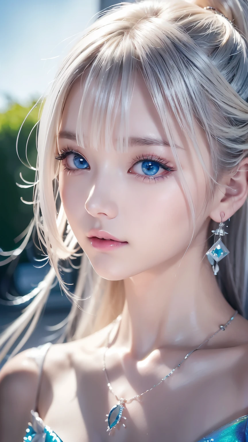 ((A rare beautiful girl))、Scandinavian actress、blue eyes、((Detailed face))、Platinum Blonde、 Silky Hair、Straight hair、ponytail、masterpiece、Bangs between the eyes、Hair above the eyes、片Hair above the eyes-顔の髪、Water Fairy、Blonde reflection、眩しいハイライトが入ったPlatinum Blondeの髪、bright and shiny hair,、One small necklace、Small earrings、The body is slim、Small breasts、Narrow waist、Small hips、Slim legs、はにかんだsmile、Long Hair、((Attractive pose))、Natural Makeup、Pink Eyeshadow、Attractive big eyes、((blue eyes))、so beautiful, ((Adorable and cute))、((Perfectly white skin texture))、Long eyelashes,  teeth, Multicolor, inner hair color,  Hair Clip, Mole under the eye, Unfriendly students, Hollow Eyes, Hollow Eyes, Pupils dilate, Heart-shaped pupils, smile, Shadow, Anaglyph, Written boundary depth, Motion Blur, Luminance, Color Field Painting, Anime Style, 8k, Super Detail, Highest quality, Ultra-high resolution, 8k、blur background、((Background rainbow gradient))