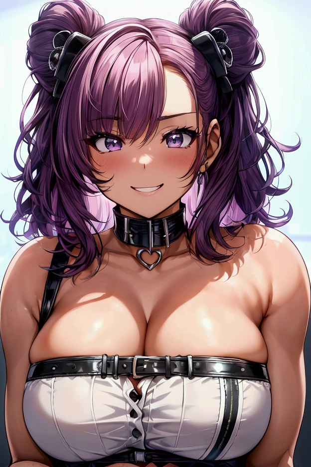 the image is a wrestling match promotional poster with happy, cheering, anime catgirl wrestler. there is a title text and headlines. nekomimi. cat ears. she is flexing and cheering with a smile. the image is of her upper body, shoulders, and face. the image is of her upper body, shoulders, and face. there is text and headlines. she has very short purple hair. choker collar heart. she is wearing a white, sleeveless business shirt with buttons and a neck tie. she is flexing. she looks victorious. she has a-cup breasts.