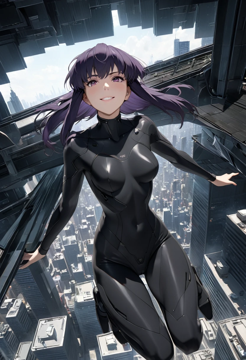 Ultra-high-definition 3D CG graphics of Kusanagi Motoko from the anime Ghost in the Shell、Purple hair, tight black bodysuit,she jumps off the roof of a building, facing the building with a defiant smile on his face.The black cyber suit is about to be enveloped in a transparent optical camouflage. Breathtaking 3D CG graphics.(high quality, masterpiece, best quality, 4k.8k.:1.5). Ultra detail, super fine painting, movie scene-like picture, dramatic lighting, sharp focus, professional photo resolution, 3d rendering, award winning,Ghost in the Shell