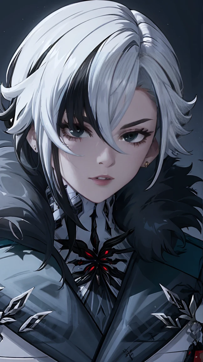 1 girl, One, White hair, black hair, multicolored hair, black eyes, X-shaped pupils, White Arles_suit,  face concentrated