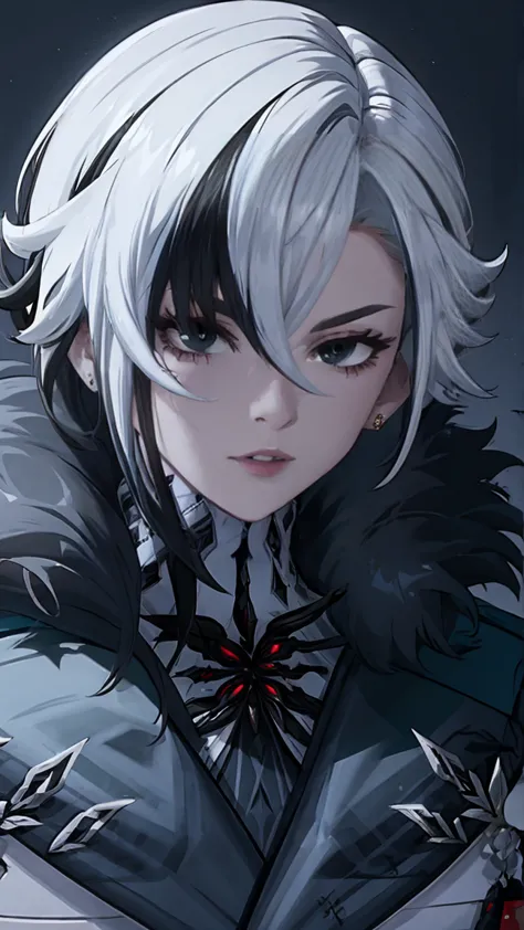 1 girl, one, white hair, black hair, multicolored hair, black eyes, x-shaped pupils, white arles_suit,  face concentrated