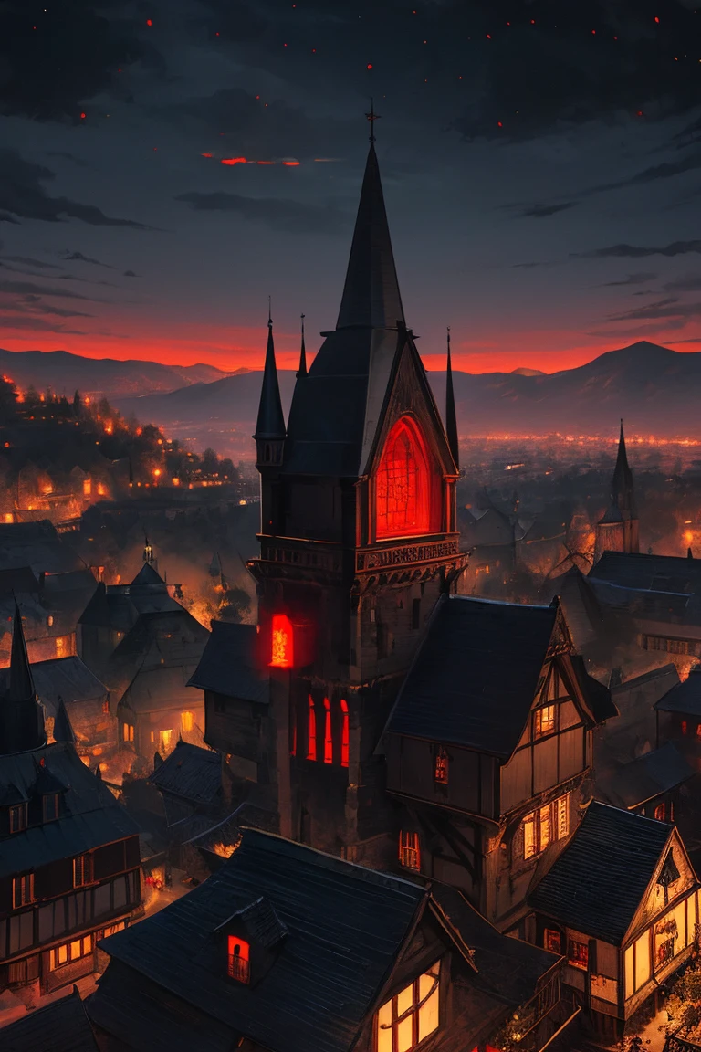 old European village shot with bird view, (Red glowing eyes), masterpiece, Depth of written boundary, Lutz, Gwaites style artwork, Gothic aesthetics, Dark Vampire village, ((in the dark gothic style cathle:1)), ((dark mid-night time:1.5)),