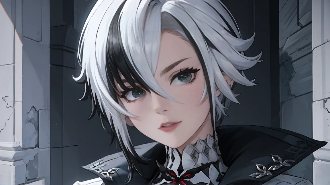 1 girl, One, White hair, black hair, multicolored hair, black eyes, X-shaped pupils, White Arles_suit,  face concentrated