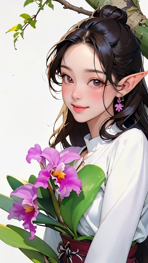 ((cattleya、three flowers、close-up、whole body、))、(elf sitting on a tree branch、long hair、a kind smile、blushing cheeks、small breas...