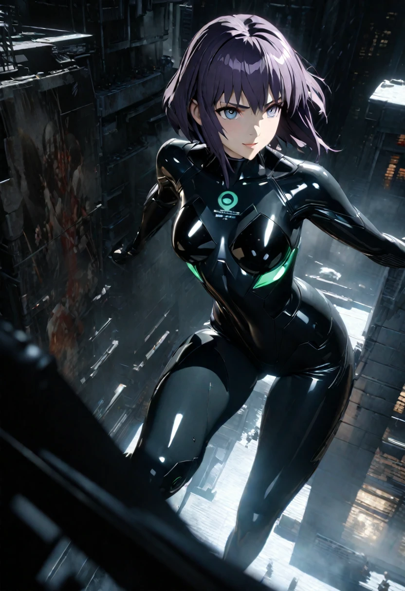 Ultra-high-definition Real 3D CG graphics of Kusanagi Motoko from the anime Ghost in the Shell、Purple hair, Beautifully detailed eyes and mouths, breathtakingly detailed realistic skin,Beautiful texture and shine of hair,tight black bodysuit,The realistic texture of the bodysuit and attention to detail,she jumps off the roof of a building, facing the building with a defiant smile on his face.The black cyber suit is about to be enveloped in a transparent optical camouflage. Breathtaking 3D CG graphics.(high quality, masterpiece, best quality, 4k.8k.:1.5). Ultra detail, super fine painting, movie scene-like picture, dramatic lighting, sharp focus, professional photo resolution, 3d rendering, award winning,Ghost in the Shell