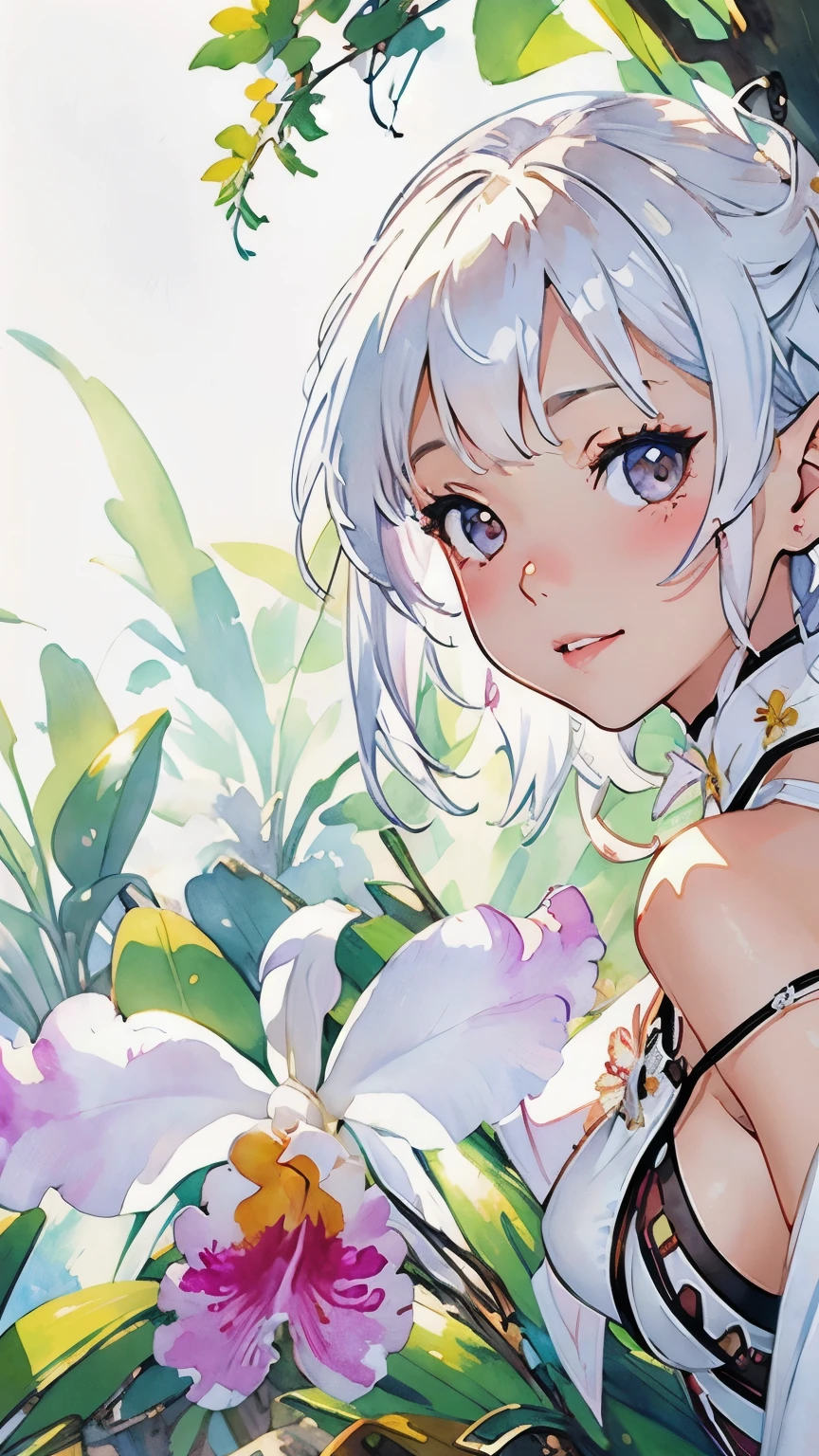 ((Cattleya、Three White Flowers、Close-up、Upper Body、))、(Elf sitting on a tree branch、short hair、Silver Hair、A kind smile、Blushing cheeks、Small breasts)、Soft Focus、((Sargent-style watercolor))、((White background))、(No background)、Blur the background、(Highest quality、High resolution、masterpiece)、4K Anime Art、