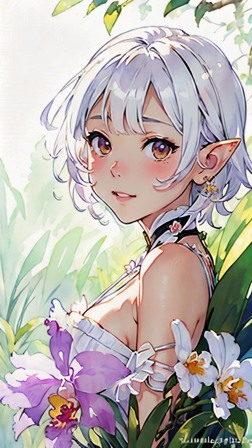 ((Cattleya、Three White Flowers、Close-up、Upper Body、))、(Elf sitting on a tree branch、short hair、Silver Hair、A kind smile、Blushing cheeks、Small breasts)、Soft Focus、((Sargent-style watercolor))、((White background))、(No background)、Blur the background、(Highest quality、High resolution、masterpiece)、4K Anime Art、