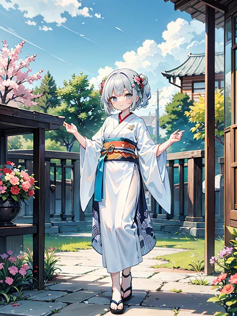 magnificent view、floating island、hanging garden、outdoor、anime、high definition、holy maiden、shrine maiden、with many flowers bloomi...