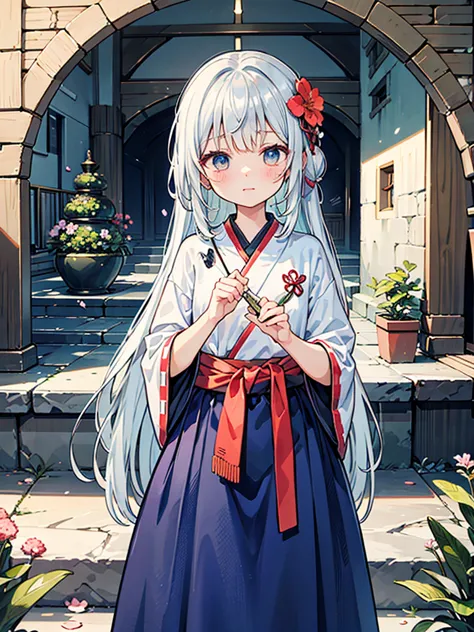 magnificent view、floating island、hanging garden、outdoor、anime、high definition、holy maiden、shrine maiden、with many flowers bloomi...