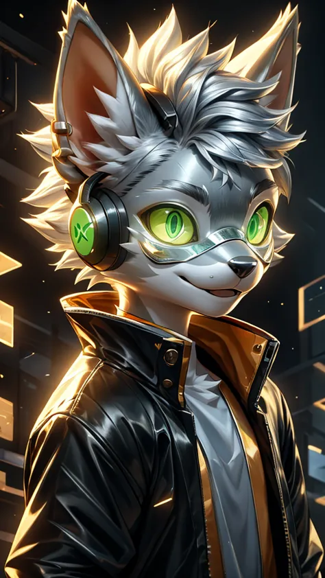 young werewolf，golden fur，wearing a black jacket with neon details，wear an electronic mask，wearing gaming headphones，avatar，clos...