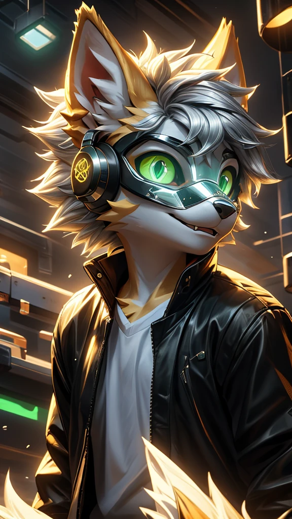 Young werewolf，Golden Fur，Wearing a black jacket with neon details，Wear an electronic mask，Wearing gaming headphones，avatar，Close-up of face，high quality，The art of math，High-definition 4K realism，((Clear structural details)))Show details，Exquisite eyes，(Blue-green pupils)((Silvery-white glowing eyes))Slim，Soft，4K，Excellent Quality，High Detail，Delicate fur，((Yellowtail in the right place))Light blue shirt。Pale yellow ears，hair，whole body，permanent，small short mouth，personification，domineering