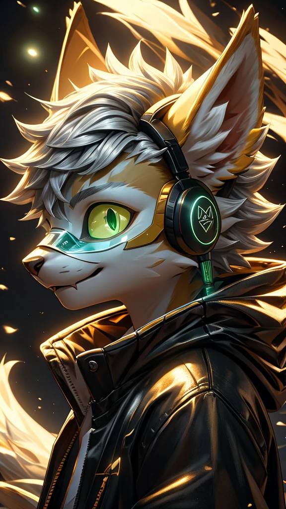 Young werewolf，Golden Fur，Wearing a black jacket with neon details，Wear an electronic mask，Wearing gaming headphones，avatar，Close-up of face，high quality，The art of math，High-definition 4K realism，((Clear structural details)))Show details，Exquisite eyes，(Blue-green pupils)((Silvery-white glowing eyes))Slim，Soft，4K，Excellent Quality，High Detail，Delicate fur，((Yellowtail in the right place))Light blue shirt。Pale yellow ears，hair，whole body，permanent，small short mouth，personification，domineering