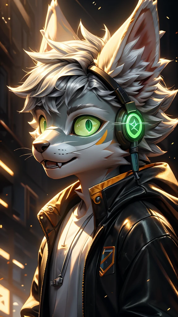 Young werewolf，Golden Fur，Wearing a black jacket with neon details，Wear an electronic mask，Wearing gaming headphones，avatar，Close-up of face，high quality，The art of math，High-definition 4K realism，((Clear structural details)))Show details，Exquisite eyes，(Blue-green pupils)((Silvery-white glowing eyes))Slim，Soft，4K，Excellent Quality，High Detail，Delicate fur，((Yellowtail in the right place))Light blue shirt。Pale ears，hair，whole body，permanent，small short mouth，personification，domineering